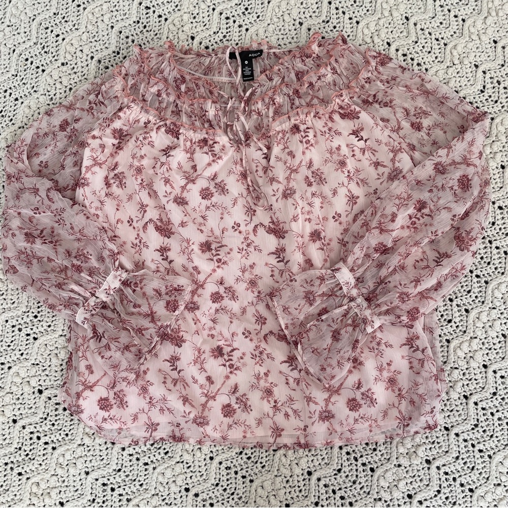 Aqua Floral Print Tie Front Long Sleeve Blouse Pink (XSmall)